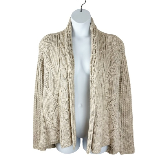 Tan Alpaca Wool Chunky Cozy Cable Knit Open Front Cardigan Sweater Size Large - Picture 1 of 7
